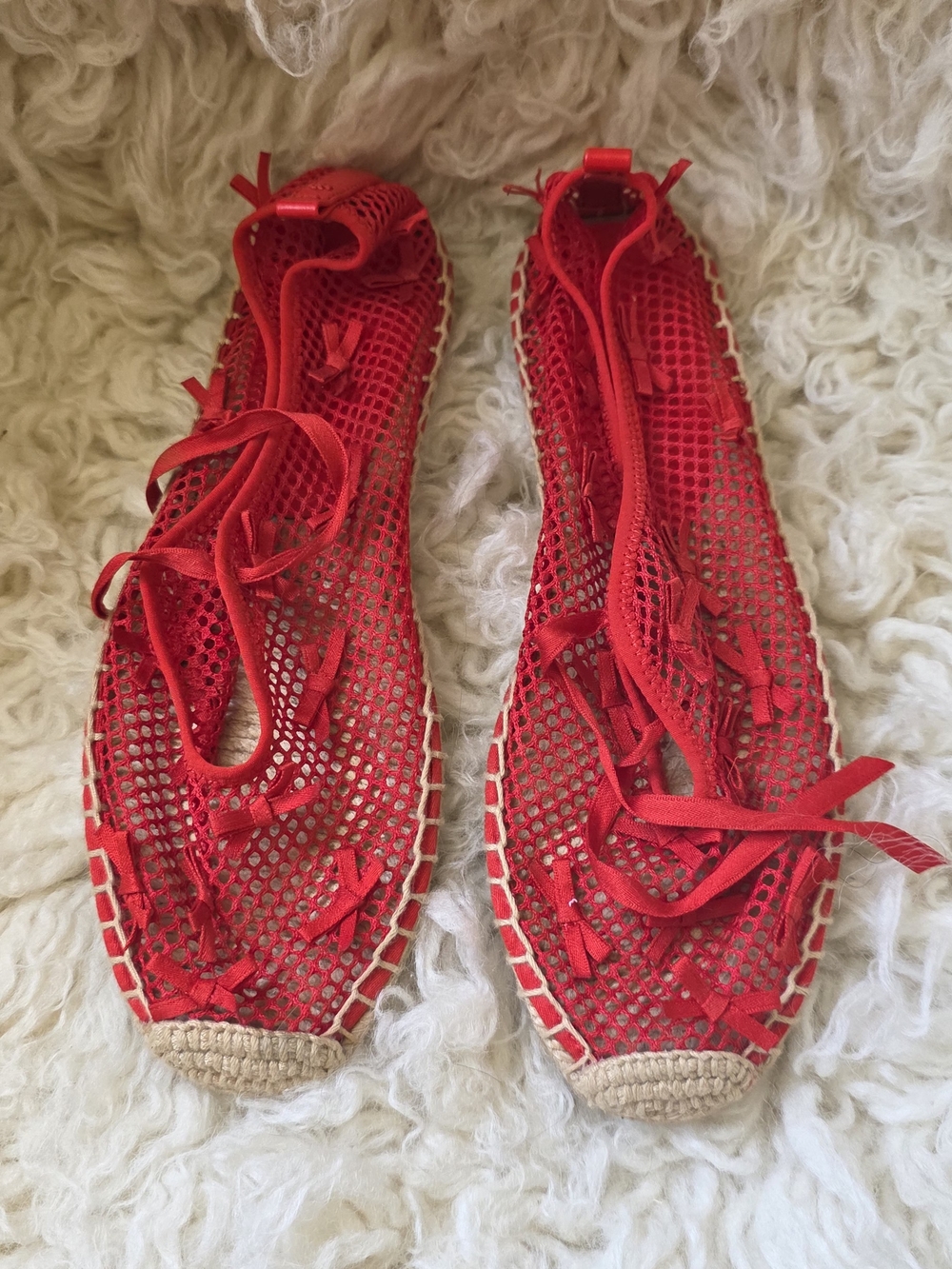 Tory Burch Red Mesh Espadrille Lace-Up Flats